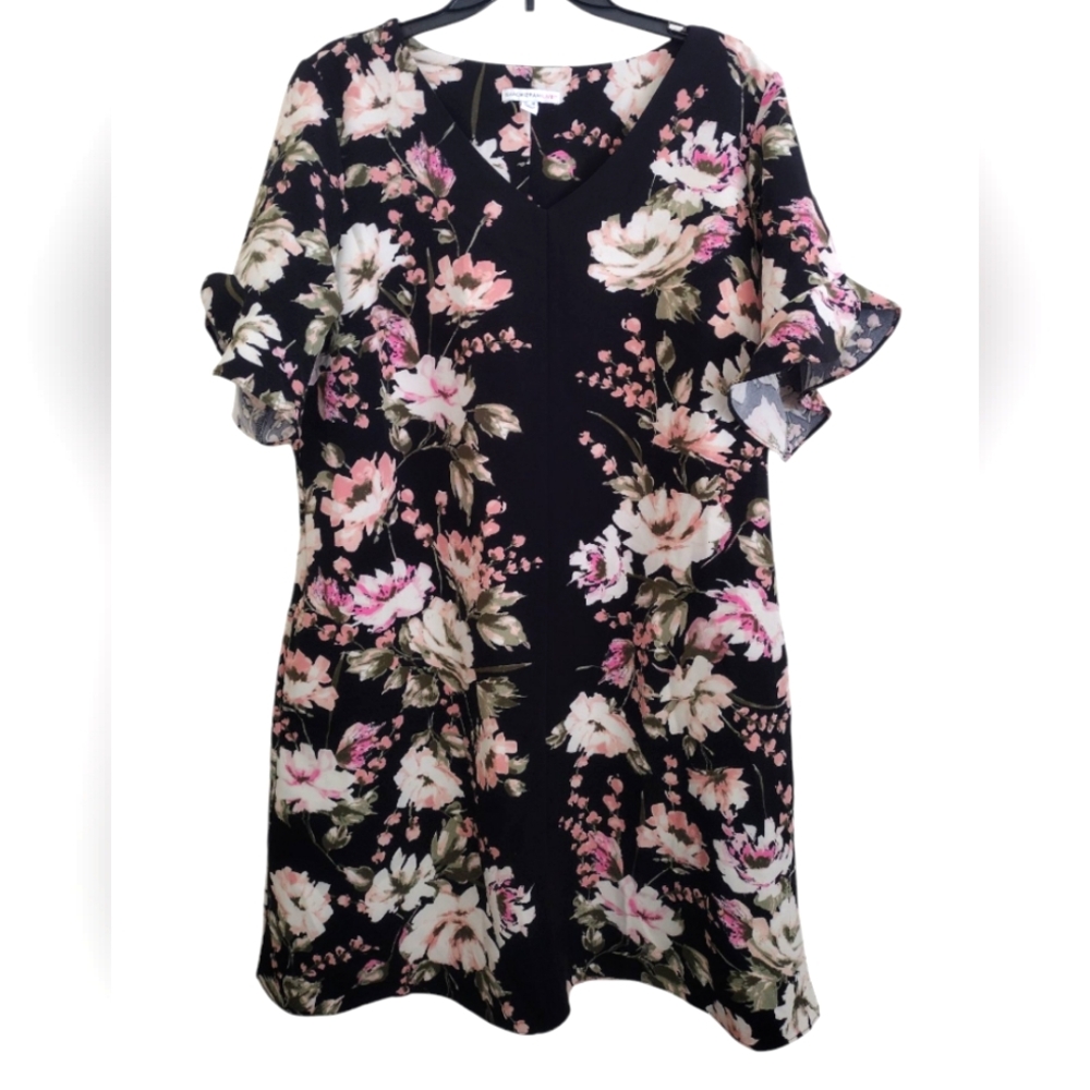 Isaac Mizrahi Live Black Multicolor Floral Ruffle Sleeve Dress Size 16